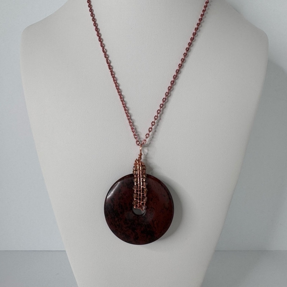 Hand Crafted Mahogany Jasper Wire Wrapped Focal Necklace with Beads 24” 45mm NWT - Picture 2 of 6